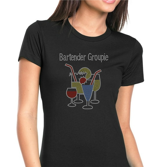 Womens T-Shirt Rhinestone Bling Black Tee Bartender Groupie Cocktail Glass Crew Neck Small