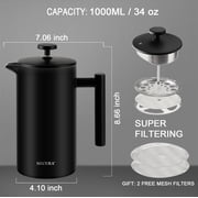 Secura French Press Coffee Maker, Double-Wall 304 Grade Stainless Steel Coffee Press with 2 Extra Screens, 34oz (1L), Black