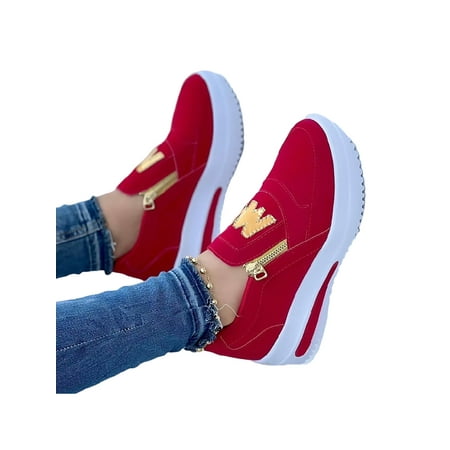 

Lacyhop Women s Sneaker Comfort Casual Shoe Wedge Walking Shoes Daily Non-slip Moccasins Breathable Slip On Loafers Red 8