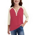 thumbnail image 6 of DxhmoneyHX Girls 3/4 Length Sleeve Cotton Shirts Dressy Button V Neck Henley Shirt Casual Block Raglan Tunic Blouses Age 3-14 Years, 6 of 6