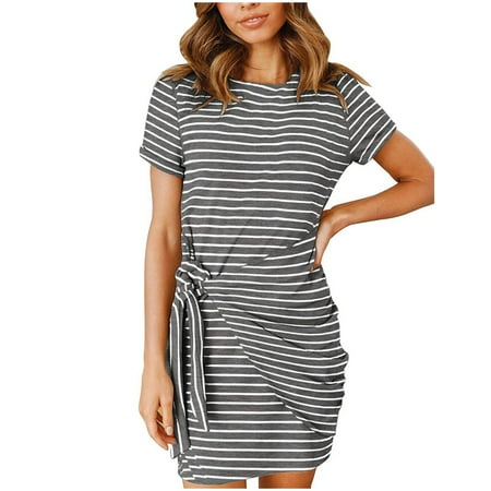 

Formal Dresses for Women Womens Dresses Women s Leisure Fashion O-Neck Short Sleeve Dress Summer Stripe Printed Dress Summer Dresses Womens Tops Dressy Casual on Clearance Gray S