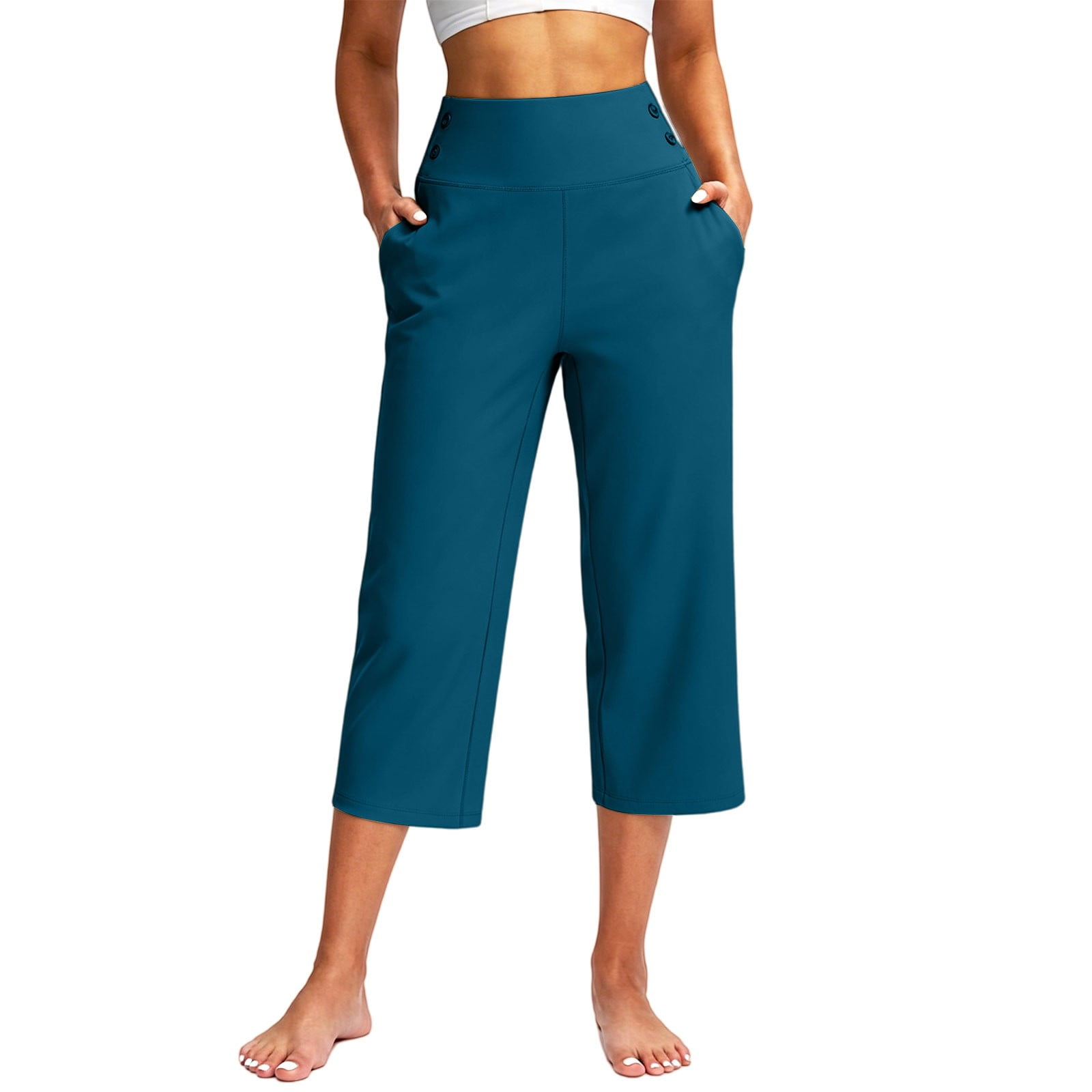 Outfmvch Women s Wide Leg Cropped Capri Pants High Waist Side Button Waist Side Pockets Tummy Control Stretch Trousers Golf Yoga Summer Daily Office Travel Casual Outfits 2026 Blue 5XL