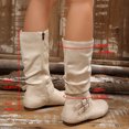 thumbnail image 4 of HEWUQI Short Cowboy Boots for Women Slouchy Mid Calf Round Toe Side Zipper Flats Adjustable Buckle Decor Comfortable Winter Fall Shoes Beige Size 5.5, 4 of 6