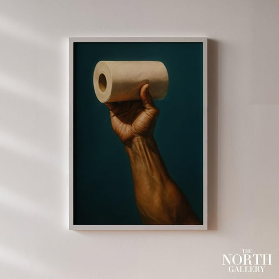 Fun Bathroom Wall Art Poster With Classical Hand Holding Toilet Paper Roll Bold Print For Restroom Or Powder Room Decor UNFRAMED Poster, 8x12