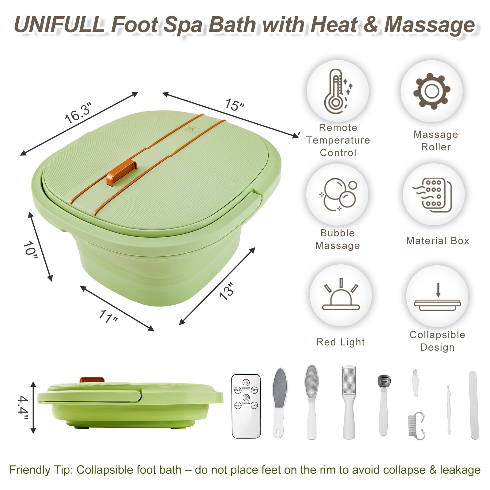 UNIFULL Foot Spa Bath with Heat and Temperature Control, Massager Roller, Bubble, Remote Control, Pedicure Kit, Red Light, Large Heating Foot Bath-Green