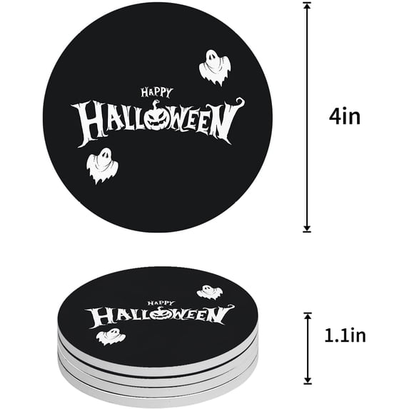 FMSHPON Halloween Pumpkins and Ghosts on Black Set of 8 Round Coaster for Drinks, Absorbent Ceramic Stone Coasters Cup Mat with Cork Base for Home Kitchen Room Coffee Table Bar Decor