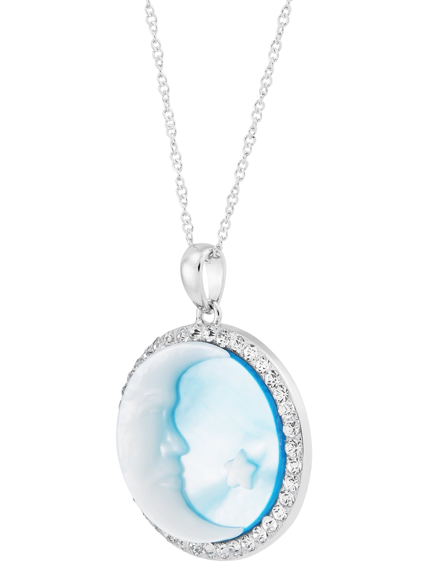 Brilliance Fine Jewelry Mother of Pearl, Crystal,Moon,Star Pendant in Sterling Silver,18"