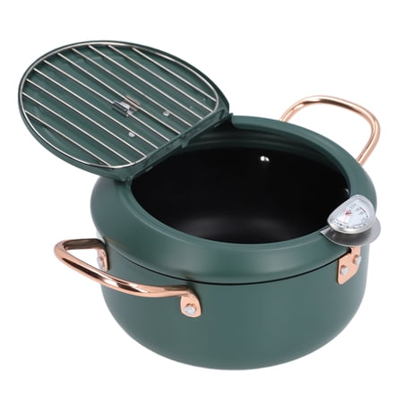 Rupoun Tempura Fry Pot Japanese Style Iron Deep Frying Cooking Skillet with Oil Temperature Gauge Double Handles and Splash Lid for Kitchen Restaurant, Green, 11 x 8.6 inches