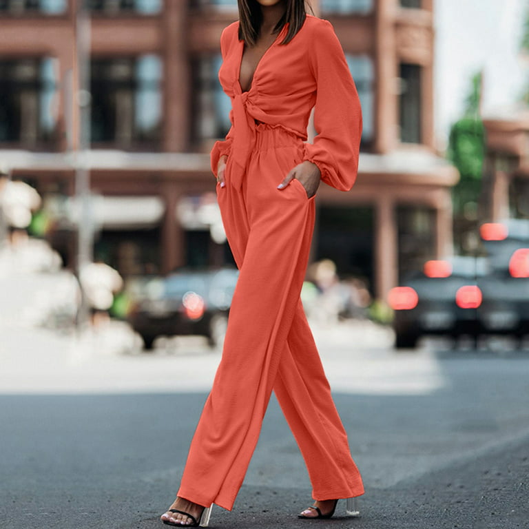 HSMQHJWE Dressy Pant Suits Womens Rompers And Jumpsuits Dressy Ladies Long  Sleeve 2 Piece Suit Casual Solid Color Temperament Elegant Pocket Trousers