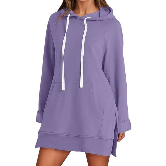 Telankuip The Warmy Oversized Hoodie Dress Women's Casual Long Sleeve Drawstring Pullover Sweatshirts Solid Color Split Hem Long Hooded Tops with Pocket Purple XL