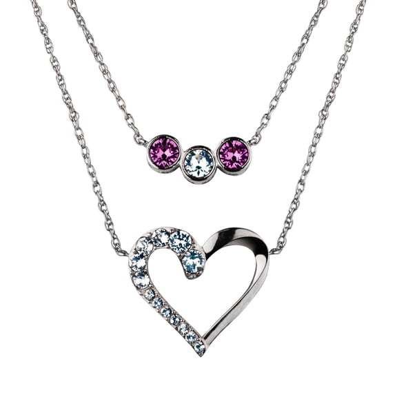 Sterling Silver Plate Layered Purple Crystal & Open Heart Crystal Necklace 16 2/18 2