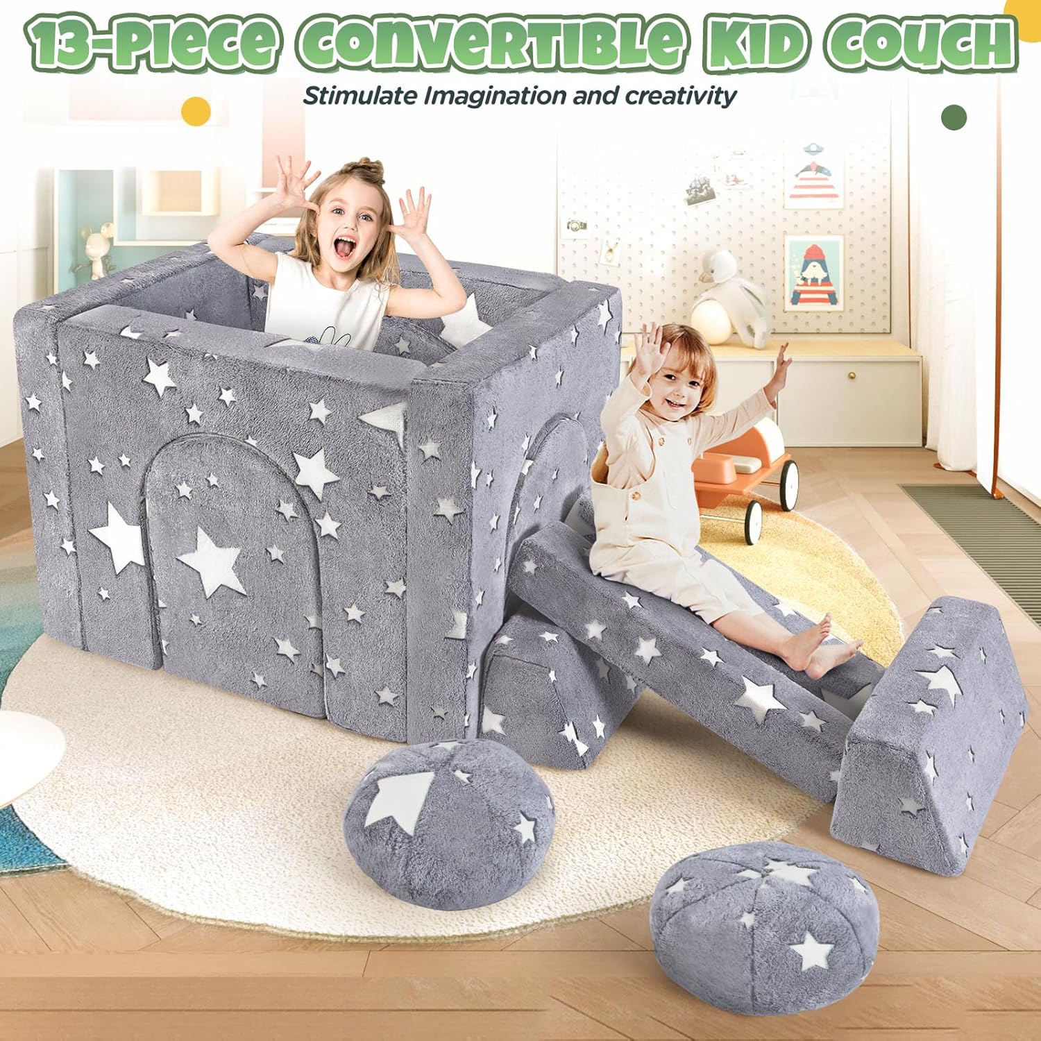 EAYSG Foam Modular Kids Couch Sofa, 13PCS Kids Play Couch, Glowing Toddler Couch Convertible Baby Play Couch Children Sofa for Playroom Bedroom (Gray)