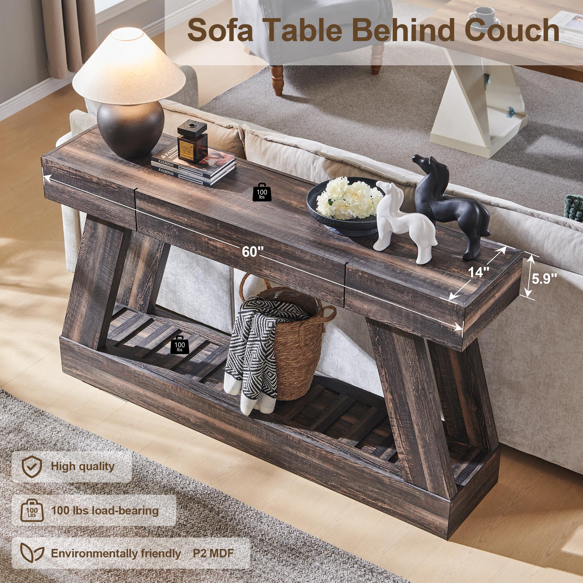 OKD 60" Wood Console Table, Farmhouse 2-Tier Sofa Table Entryway Table with Drawer & Heavy Duty Base for Entrance, Hallway, Living Room - Dark Rustic Oak
