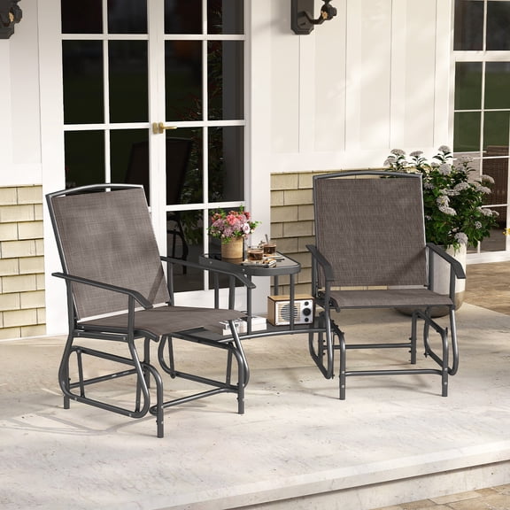 Costway Outdoor Bistro Sets Double Swing Glider Chair Rocker Glass Table Umbrella Hole Brown