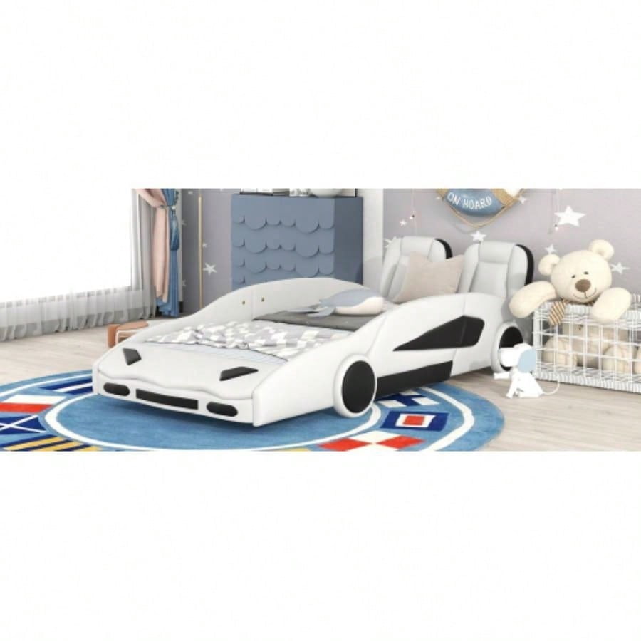 Twin Size Race Car - Shaped Platform Bed with Wheels, White