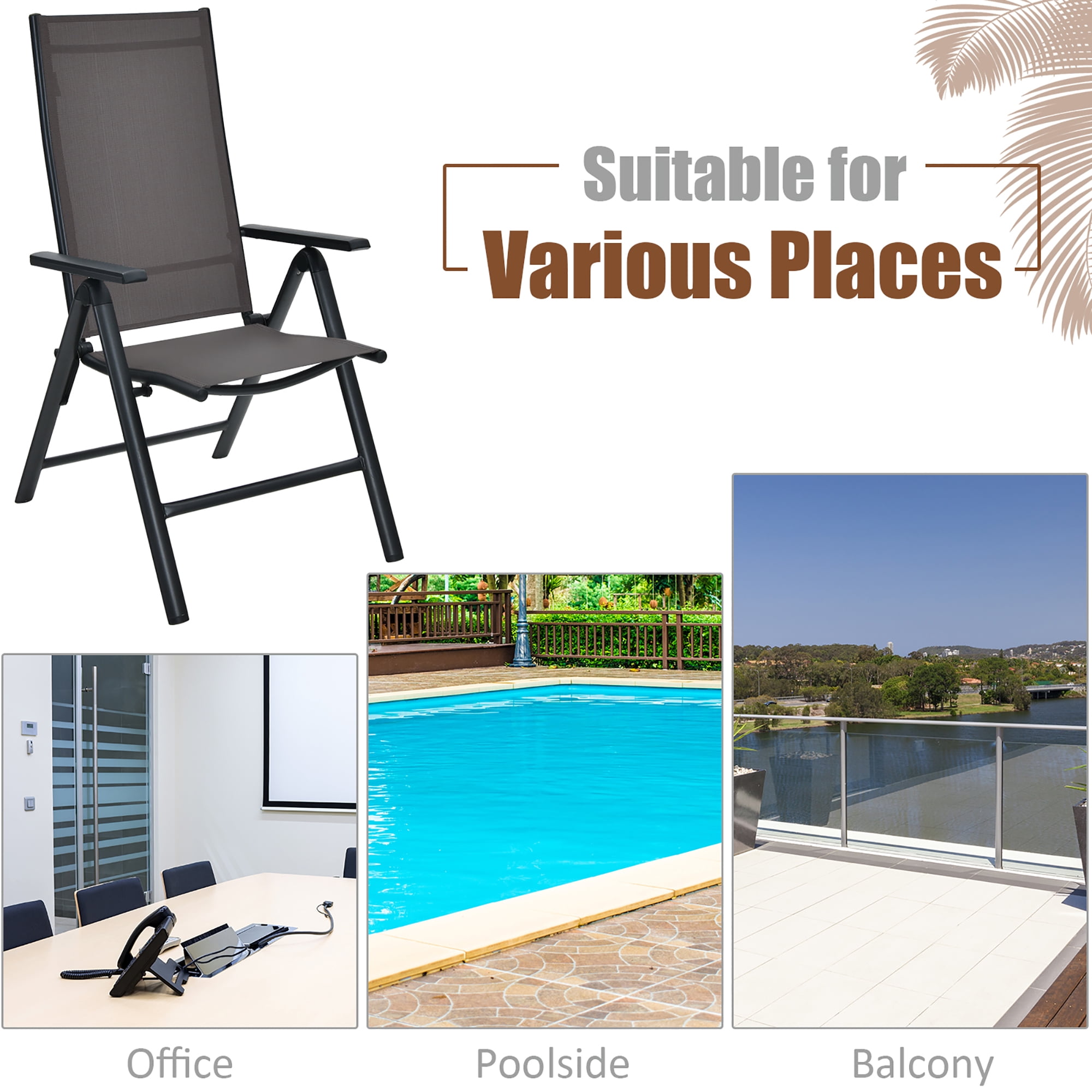 Costway 4PCS Patio Folding Dining Chairs Aluminium Adjustable Back Gray
