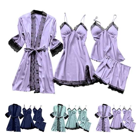 Endives Women's Pajama Set 4 Piece Soft Lightweight Pajama Set for Women Long Sleeve Robe & Nightgown & Camisole Top & Shorts Soft Pjs for Women Sleepwear Loungewear Set Purple M