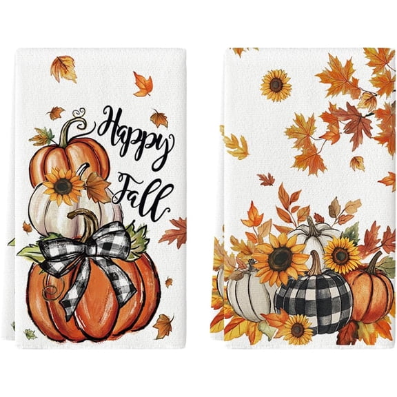 Buffalo Plaid Bowknot Pumpkin Fall Kitchen Towels Dish Towels, 18x26 Inch Farmhouse Maple Leaves Decoration Hand Towels Set of 2