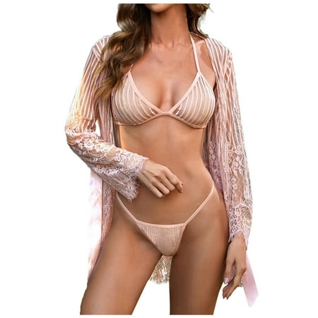 

XINSHIDE Underwear 3Pcs Sexy Lingerie Women Lace Stripe Perspective Bra + Thong + Coat Pajamas Set Female Intimates
