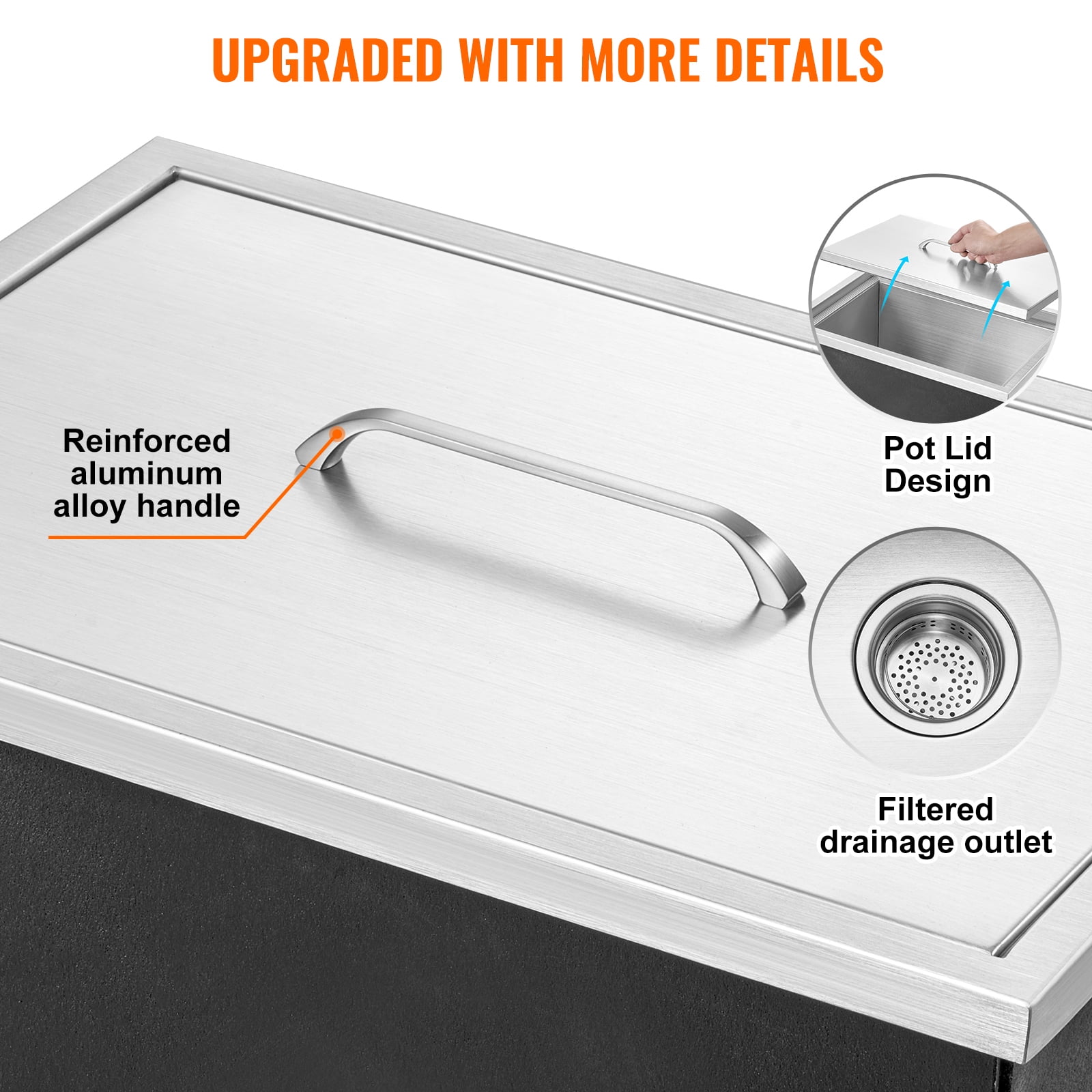 VEVOR Drop in Ice Chest 20"Lx14"Wx12"H with Cover 304 Stainless Steel Drop in Cooler Included Drain-pipe and Drain Plug Drop in Ice Bin for Cold Wine Beer