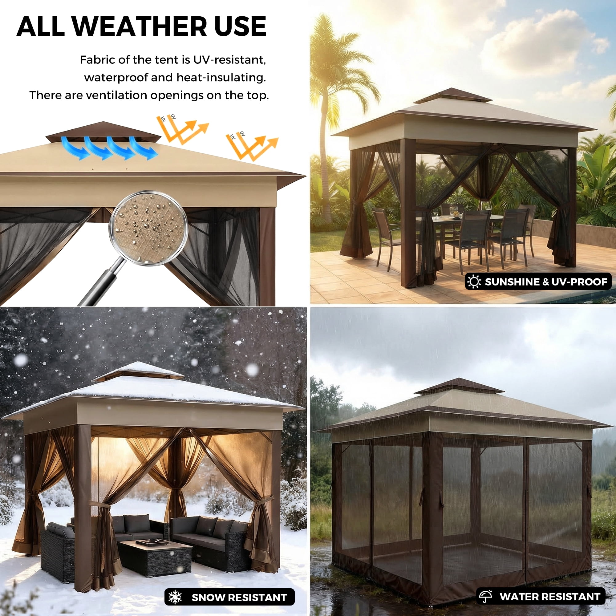 Advwin 11x11 Pop Up Gazebo Tent with Netting, Instant Outdoor Canopy Shelter with Wheeled Carry Bag, Double Roof Vent, 3 Adjustable Heights, Portable Canopy for Patio