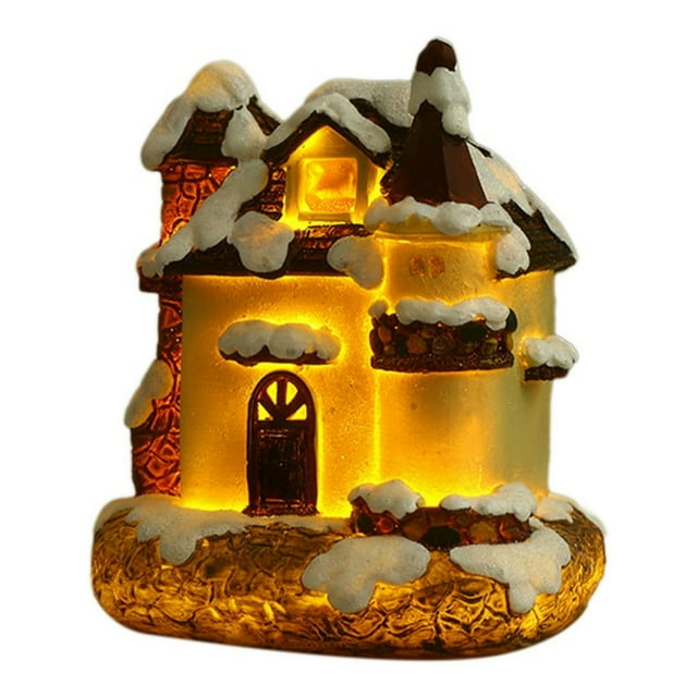 Resin Christmas Scene Houses LED Lighted Christmas Village Houses with Warm Light Christmas Ornament for Desktop Decor Button battery(included) 3.54*2.95*4.3Inch