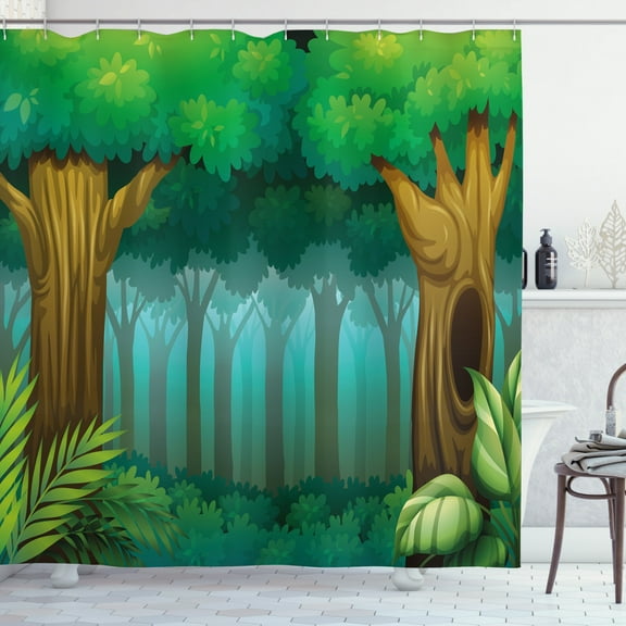 Jungle Leaves Shower Curtain, Gloomy Silhouette of a Deep Forest Scene with Trees and Plantation Foggy, Fabric Bathroom Set with Hooks, 69W X 84L Inches Extra Long, Multicolor, by Ambesonne