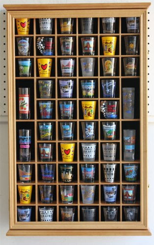 56 Shot Glass Shooter Display Case Holder Cabinet Wall Rack with DOOR Cherry Finish 