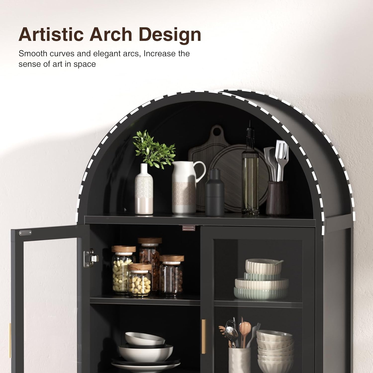 Vabches Arched Kitchen Pantry Storage Cabinet, 71" Tall Fluted Cabinet with 2 Glass Doors, 2 Doors for Kitchen, Living Room, Bedroom