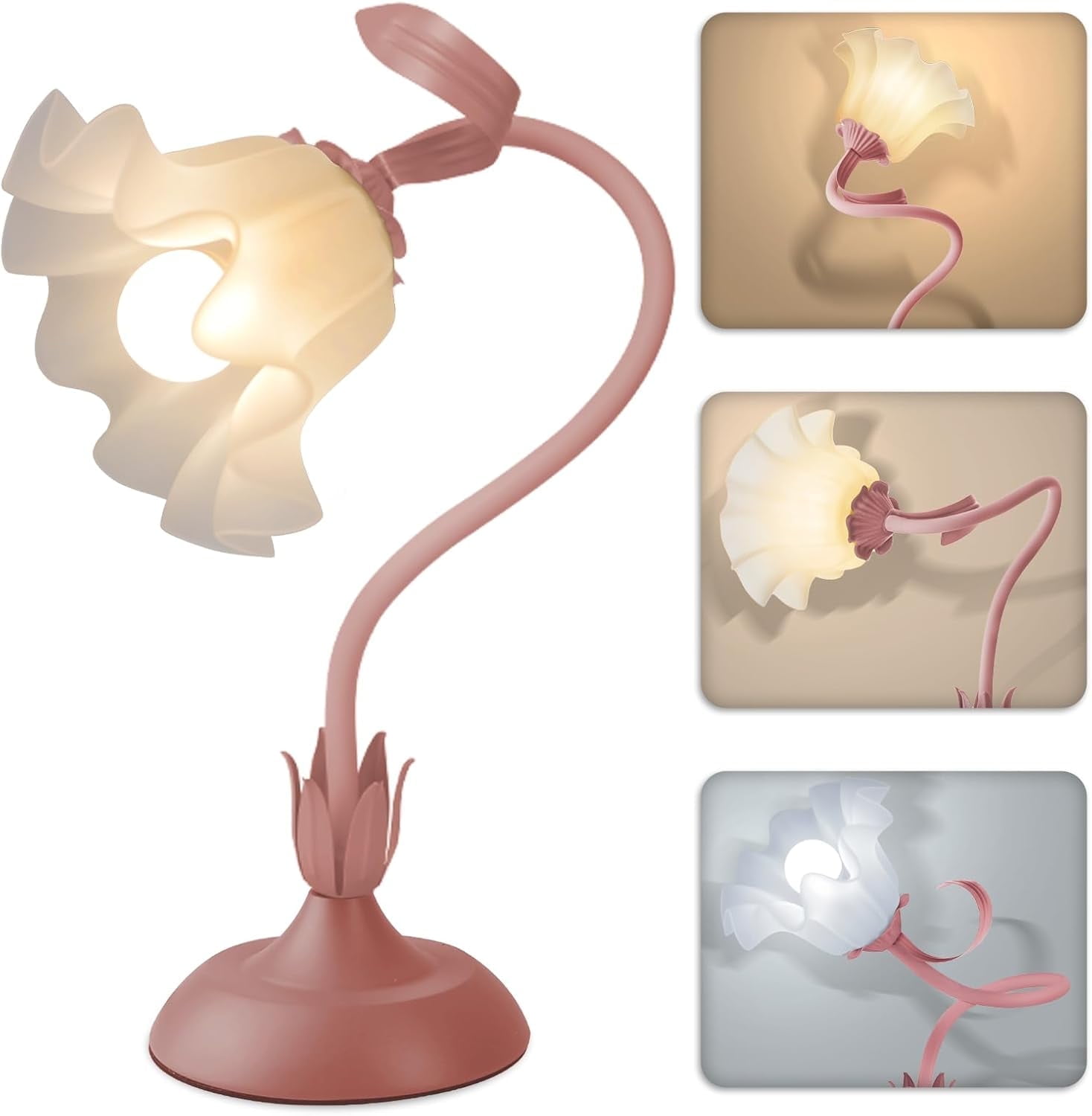 Jewelry  Flower Table Lamp,LED Reading Light Bedside Vintage Flower Night Light,3 Colors Modes Kawaii Bedside Lamps Decor,Living Room Bedroom Room Lighting Table Lamps Home Decoration(pink lamp)