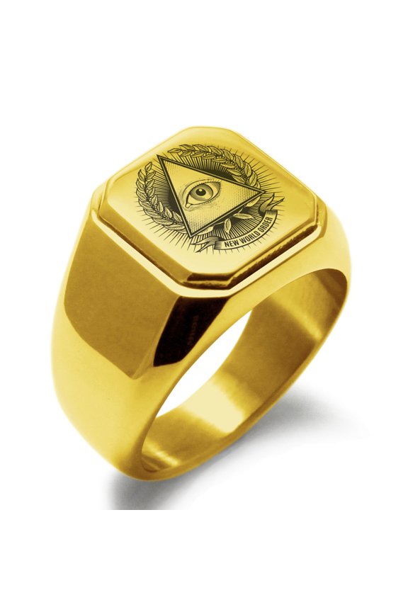 Stainless Steel All Seeing Eye New World Order Engraved Square Flat Top Biker Style Polished Signet Ring