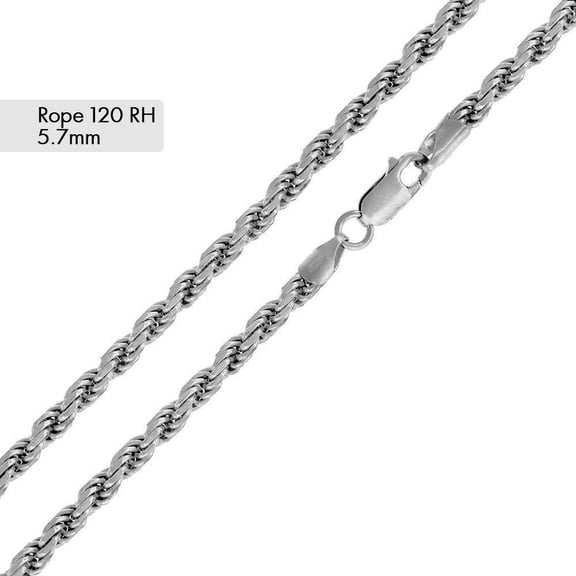 Rhodium Plated 925 Sterling Silver Diamond-Cut Rope 120 Chain 5.7mm Italy 24" Jewelry Female Unisex