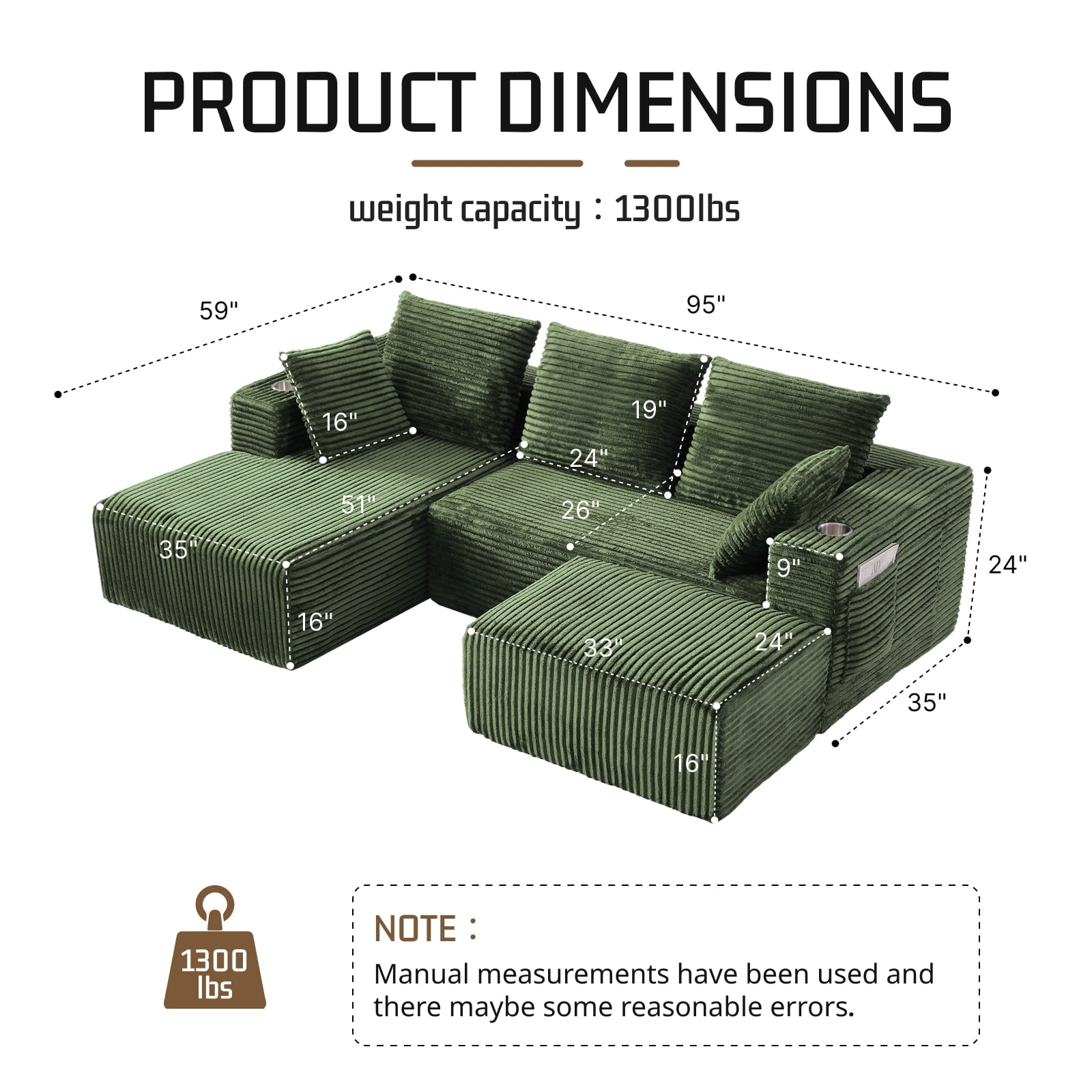 95'' 4 Seater Boneless L Shape Modular Sofa Couch with 4 Pillows, 2 Cup Holders and Ottoman