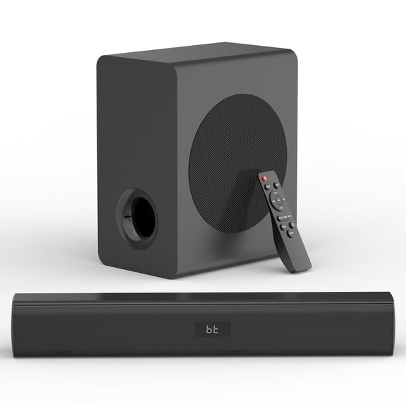 Black Sound Bar with Wireless Subwoofer and Remote Control