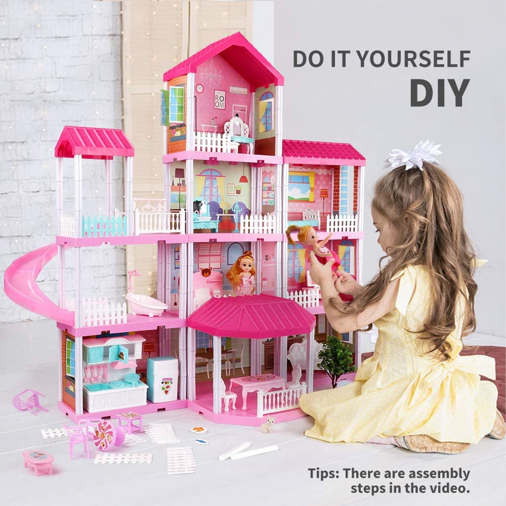 Temi Dollhouse Dreamhouse Building Toys Figure w/ Furniture, Accessories,  Movable Slides, Pets and Dolls, DIY Cottage Pretend Play Doll House, for 
