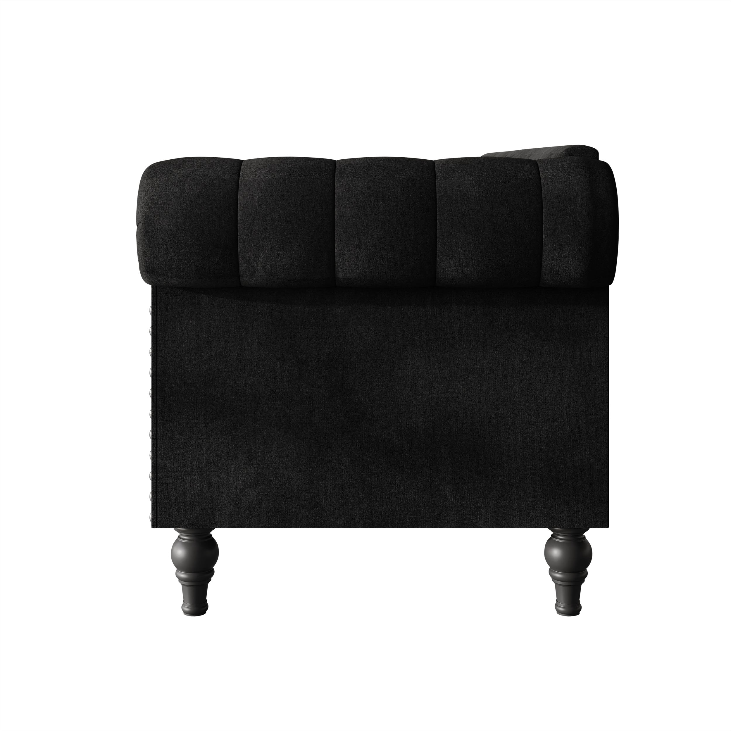 Home Design Kelso 3-Piece Velvet Living Room Set With Rolled Arm Chair, Loveseat and Sofa, Deep Button Tufting and Turned Legs, Black