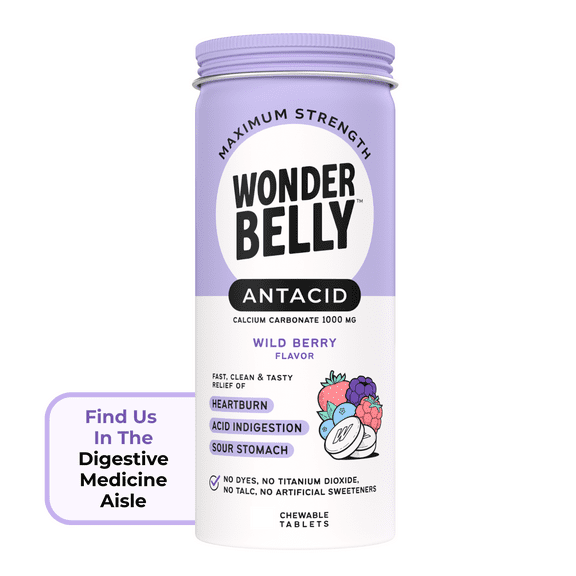 Wonderbelly Heartburn Relief Antacid Tablets, Wild Berry Flavor, 1000 mg, 50 Count