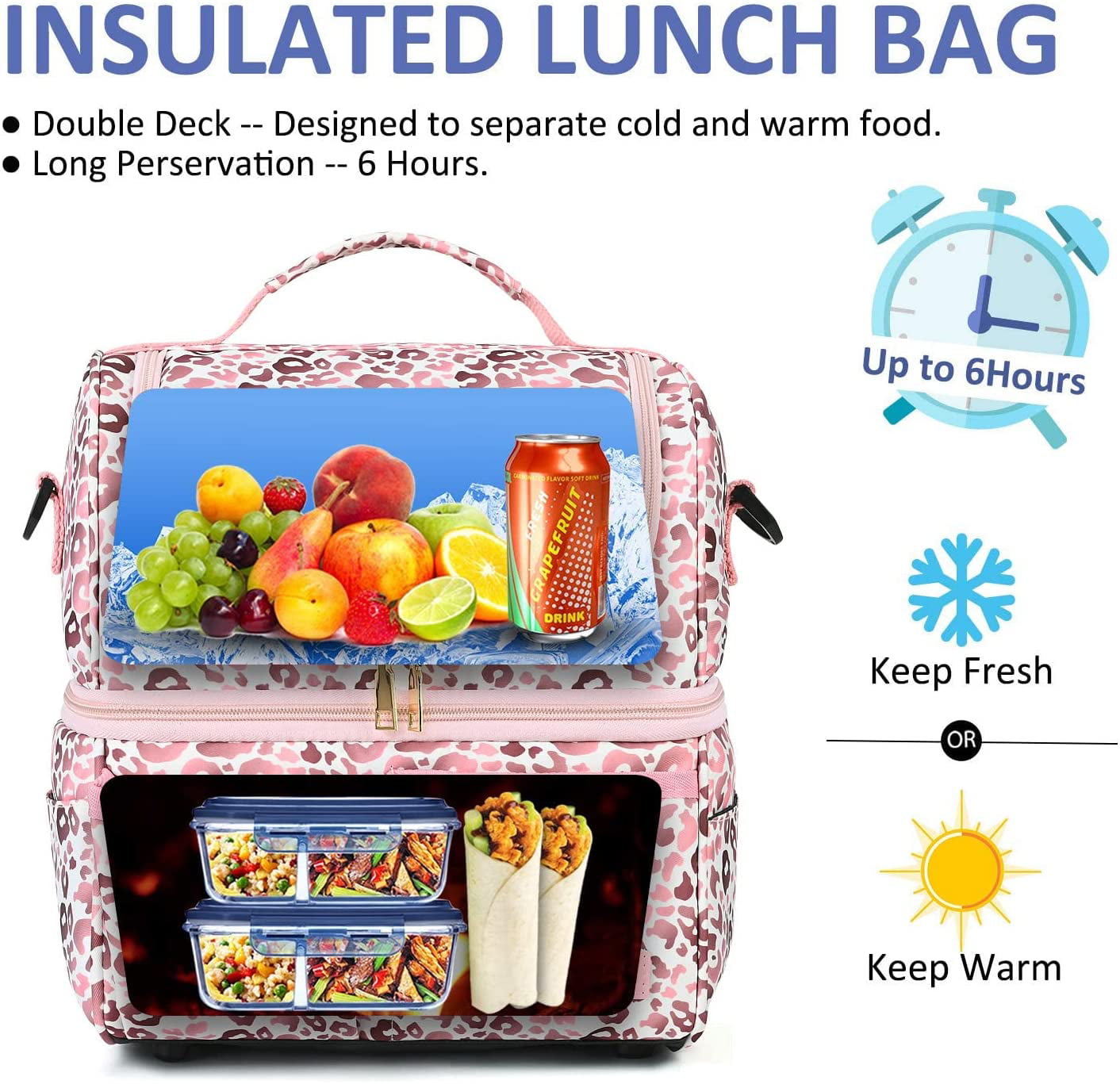 Grey Lokass Lunch Bags for Women Wide Open Insulated Lunch Box With Double Deck Large Capacity Cooler Tote Bag With Removable Shoulder Strap Lunch Organizer For Men/Outdoor/Work 