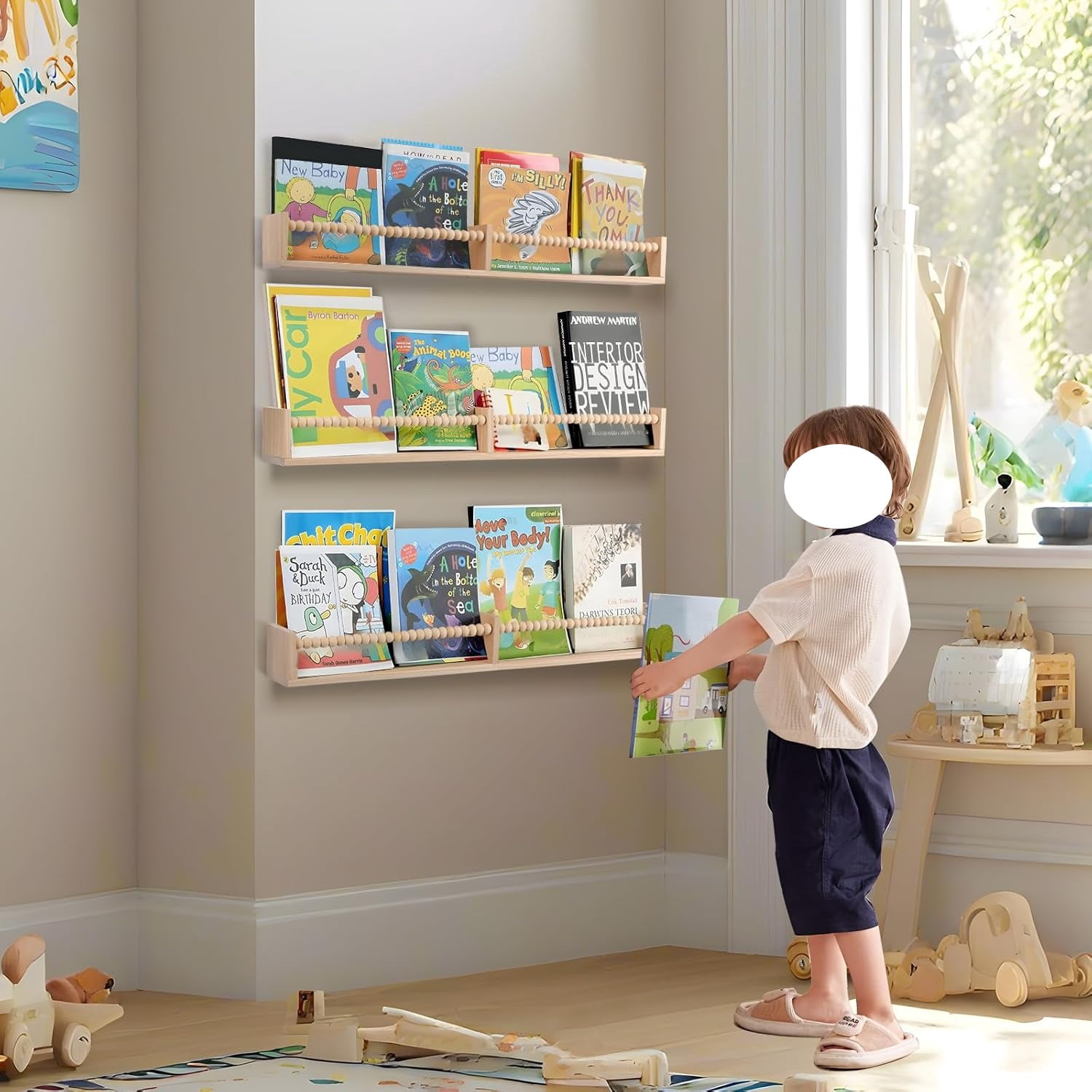 Nursery Book Shelves for Kids Rooms - 32 Inches Floating Wall Bookshelves Set of 3, Space-Saving Nursery Shelves with Beads Design for Kids Room, Bedroom and Study Room(Natural)