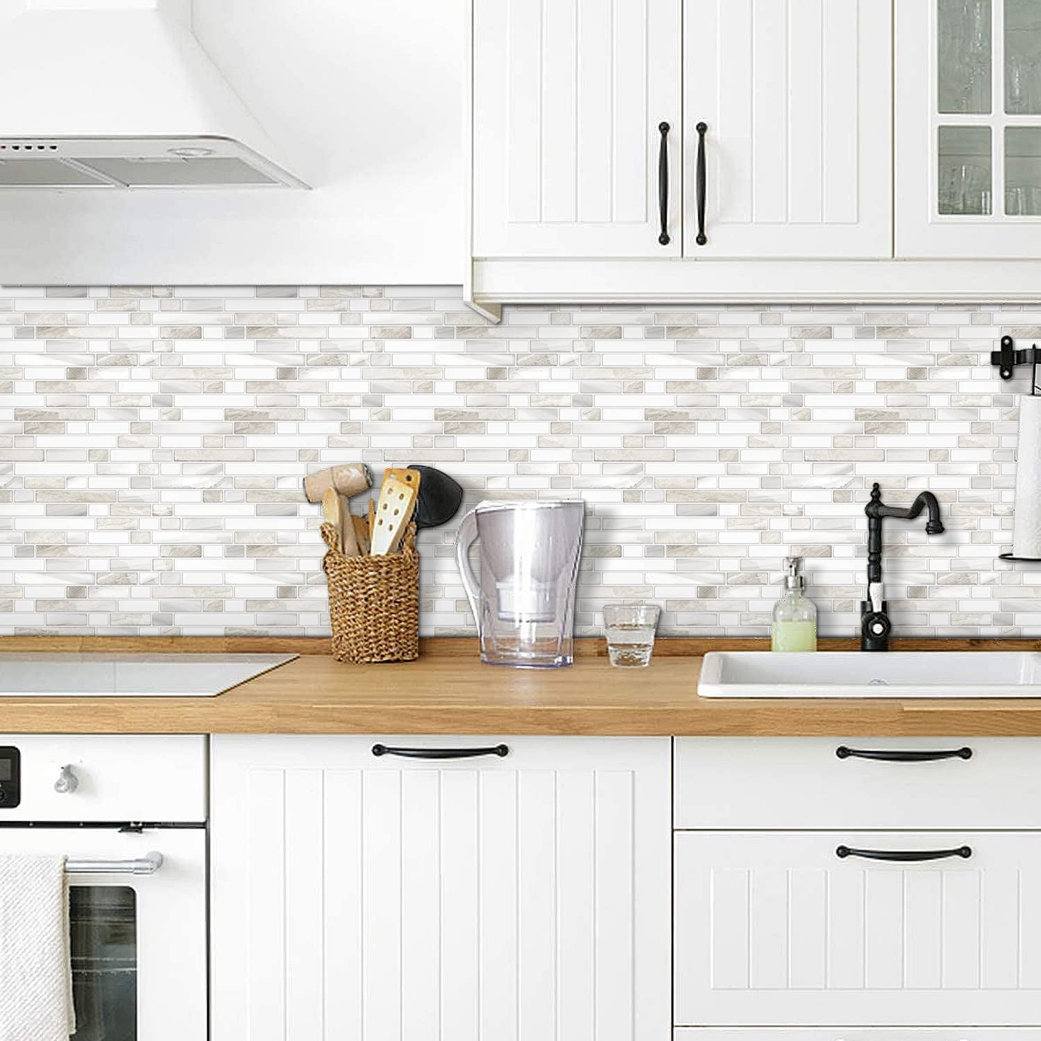 Thicker Design Peel And Stick  Self Adhesive On Tile Backsplash For Kitchen Bathroom Beige & White 12"*12" 10 Sheets