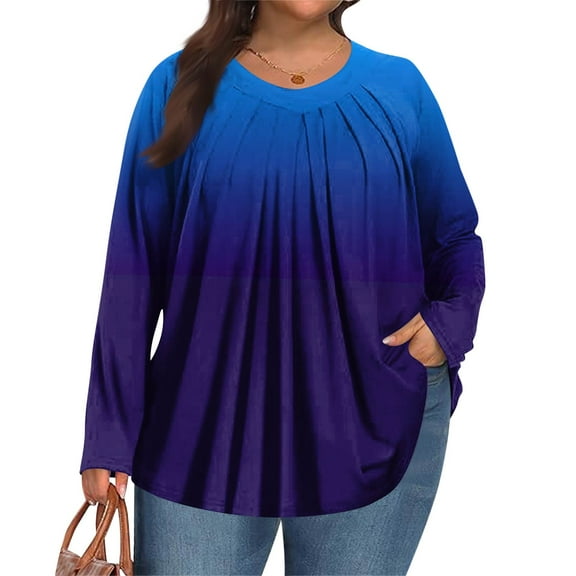 TQWQT Womens Plus Size Tops Fall Casual Pleated Tees Long Sleeve V-Neck Gradient Graphic T-Shirt 4x-5x Tunics Blouses Blue 2XL