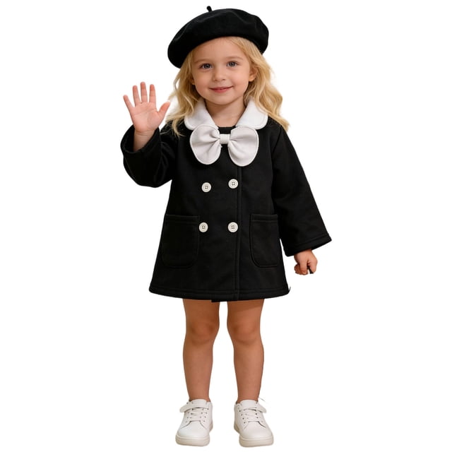 Negro Manga Larga Suéter Vestido Estilo de los Niños Contraste Color Solapa Doble Pecho de Manga Larga Chaqueta con Cuello Blanco Y Arco, Conjunto de Bereta a Juego, Tela Suave de Lana-Mezcla para la