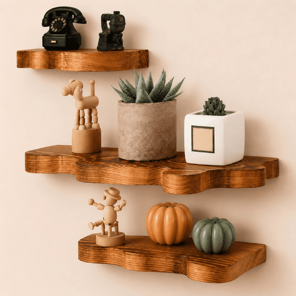 Efoee Set of 3 Rustic Small Wooden Floating Shelf, Live Edge Farmhouse Vintage Wall Shelf Display Decor for Living Room, Bathroom, Bedroom, (Brown)