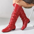 thumbnail image 2 of Women's Round Toe Low Heel Knee High Boots PU Leather Slouchy Slip on Comfortable Plus Size Fall Winter Boots for Casual Outdoor Wear Red, 2 of 7