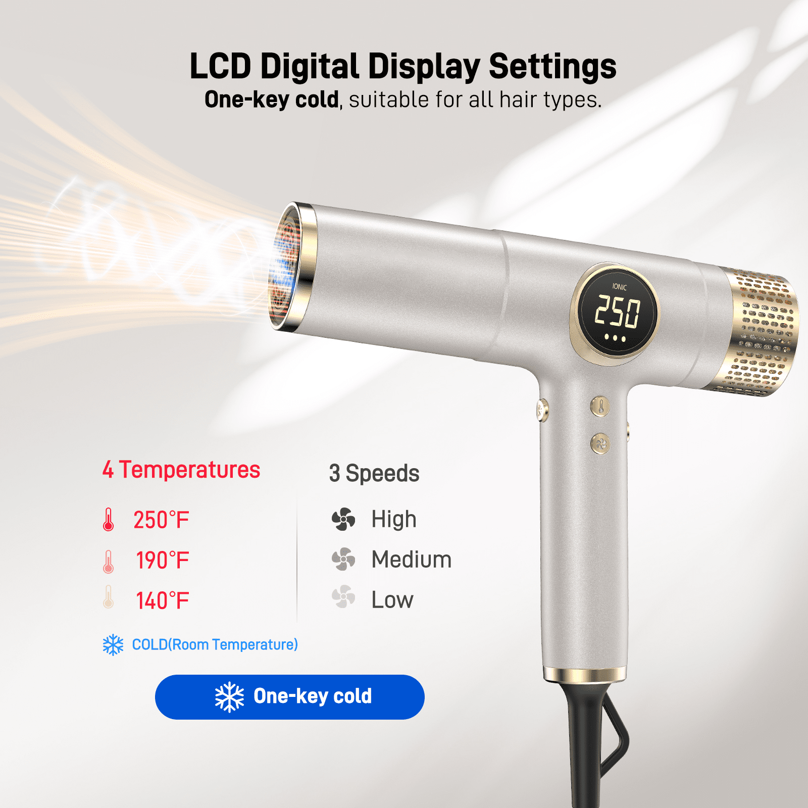 RACCOMB Professional Ionic Hair Dryer, Instant Heat Blow Dryer for Woman & Man, Anti-Static Technology, 2000 W, 3 Attachments, Gold.
