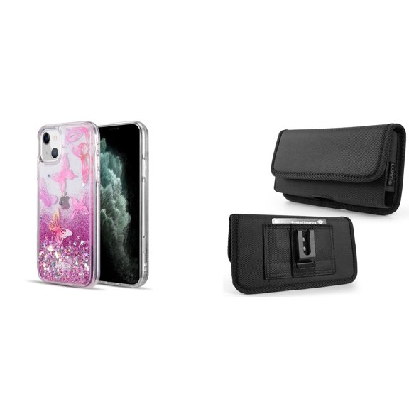Liquid Glitter Case for iPhone 14 Plus and Belt Holster Pouch - Pink Butterfly