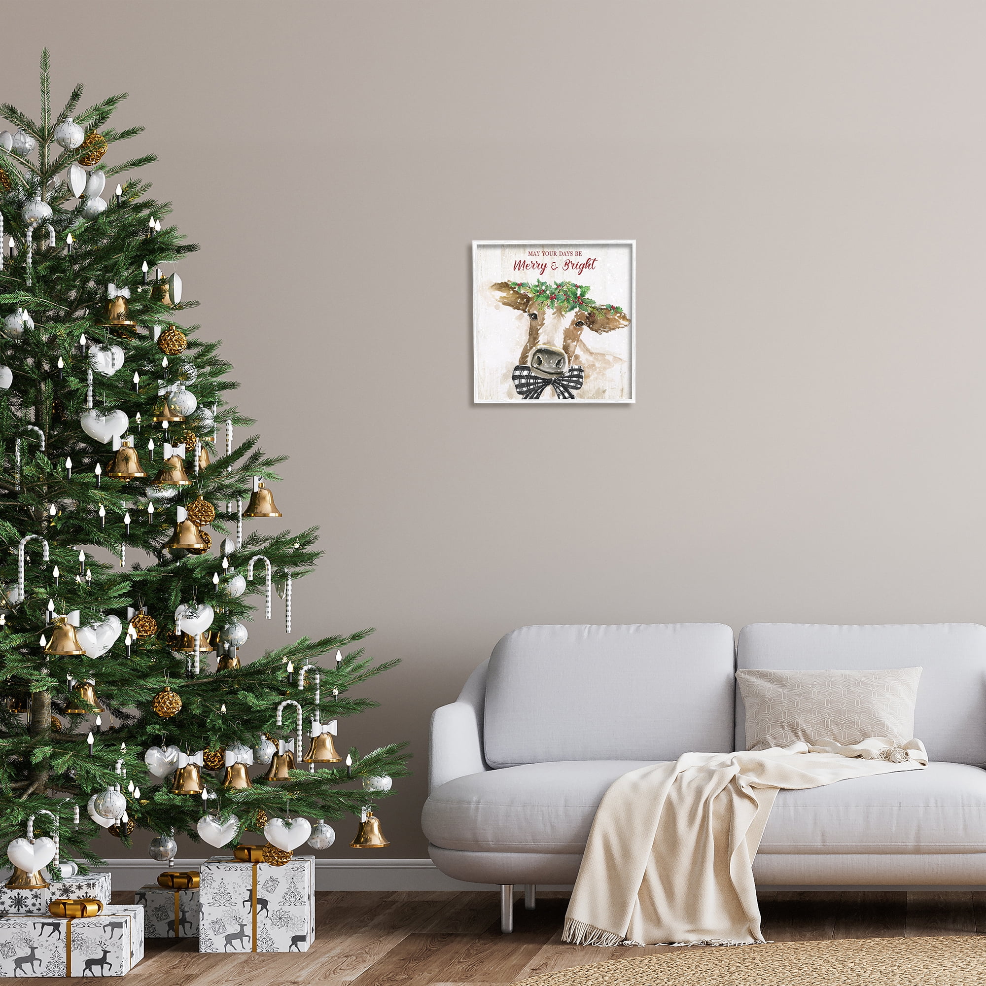 Stupell Industries Merry & Bright Holiday Cattle Holiday Painting White Framed Art Print Wall Art