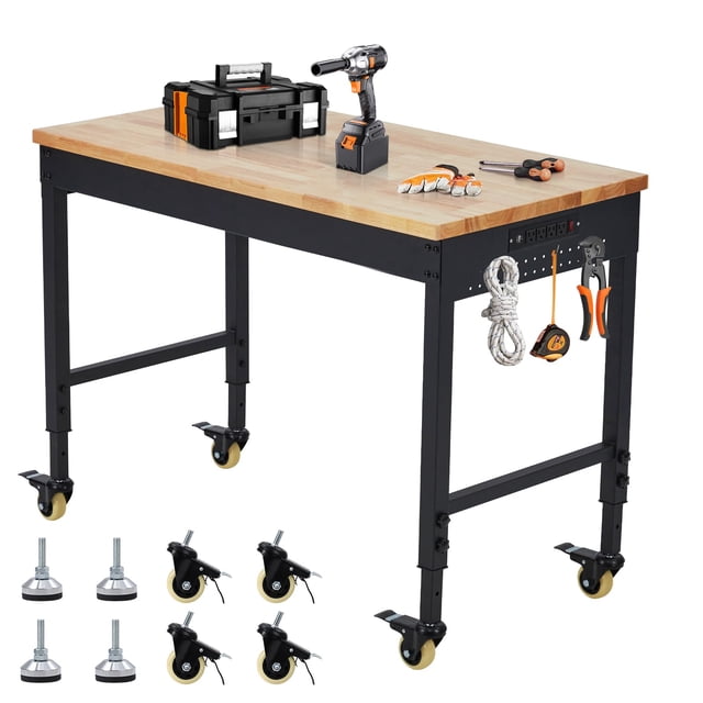 60" x 22" Adjustable Workbench with Power Outlets & Wheels, Heavy Duty 2000 Lbs Capacity Work Table with Solid Rubber Wood Top, Height Adjustable Metal Frame for Garage, Workshop, Office, or Home