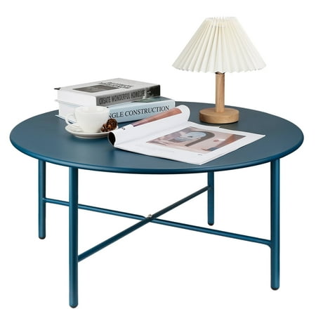 CERBIOR Patio Round Steel Coffee Table  Weather Resistant Anti-Rust and Waterproof Indoor and Outdoor Large Side Table  for Garden Living Room Bedroom Balcony (Navy Bule)