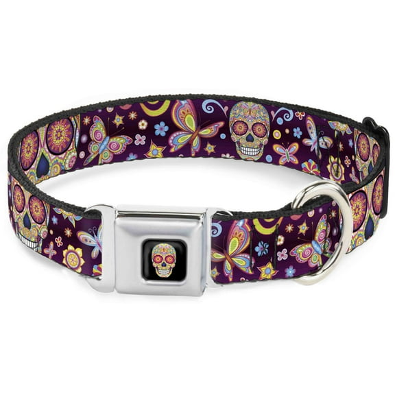 Thaneeya McArdle Pet Collar, Dog Collar Metal Seatbelt Buckle, Mariposa Calaveras Butterflies Flowers Burgundy Multi Color, 9.5 to 13 Inches 1.0 Inch Wide